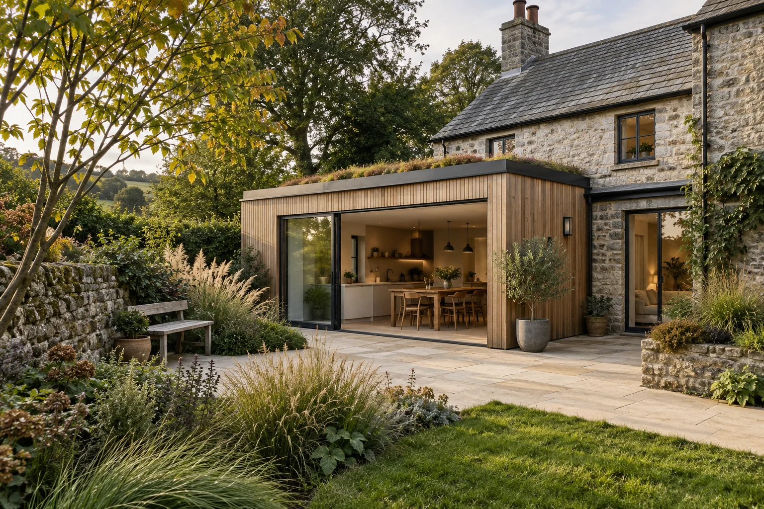 Illustrative design concept: a timber extension connecting a stone cottage with its garden